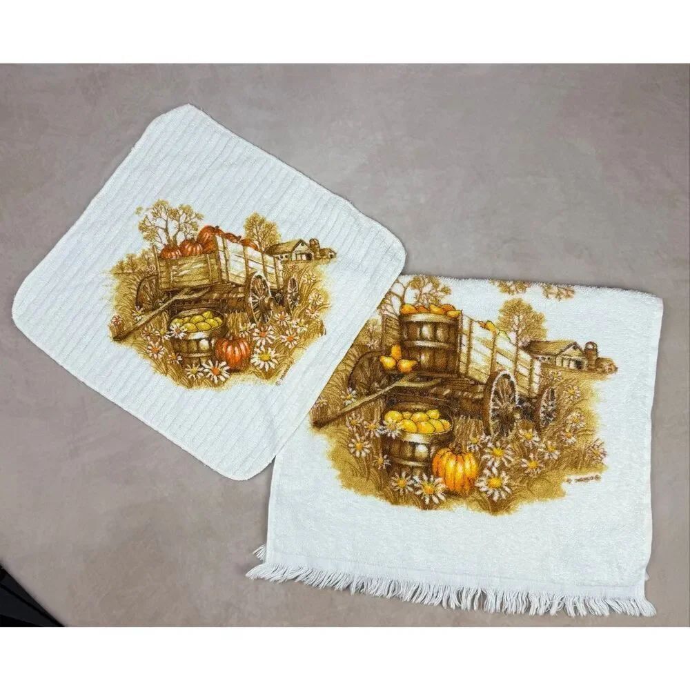 Vintage Hand Towel and Washcloth Set 1970s MCM Franco Pumpkin Wagon